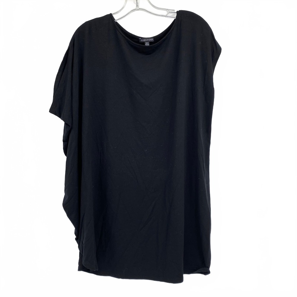 Eileen Fisher Black Asymmetric Short Sleeve Tunic | Lyocell Spandex, Sz S